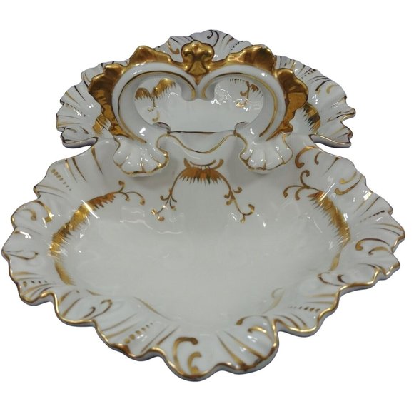 Divided Serving Dish w/ Center Handle Stamped #7608 Bright Gold Trim - Picture 9 of 12